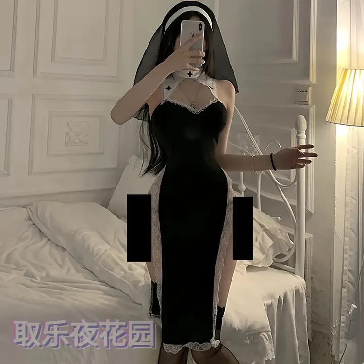 清纯蕾丝性感复古高开叉旗袍纯欲风惩罚修女制服套装黑色裙子修身