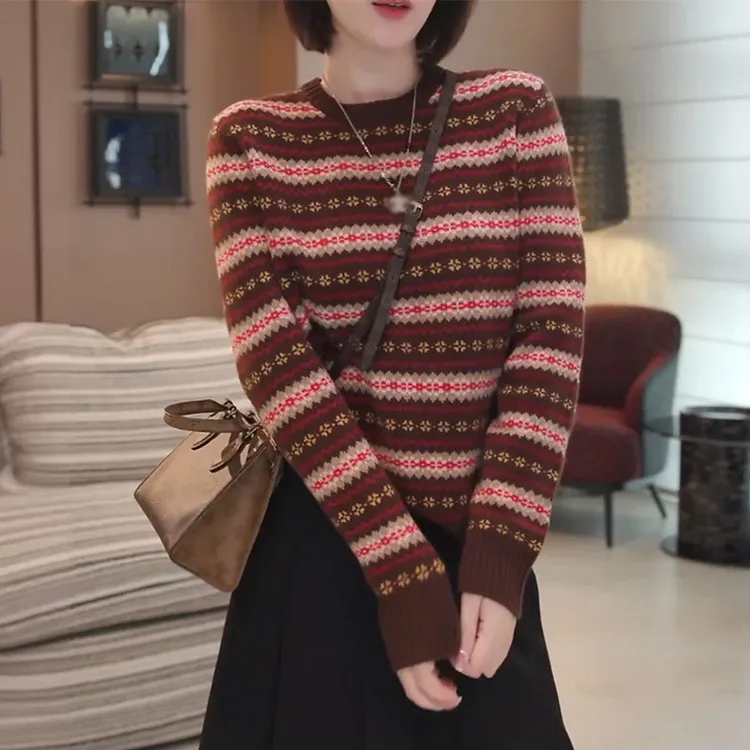 韩系松弛感拼色条纹毛衣女2025秋冬新款减龄提花减龄百搭长袖上衣