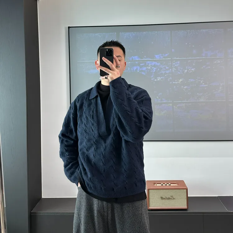 CHUJIE韩版微阔绅士领半开式针织衫老钱风麻花简约毛衣