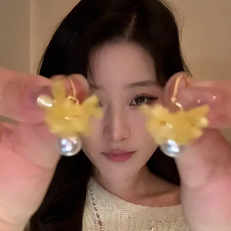 合金耳饰 金质黄花珍珠耳饰 精致优雅浪漫耳饰新款耳饰
