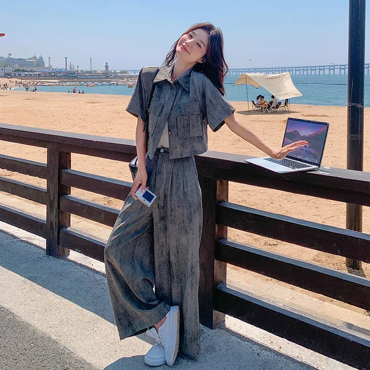 复古高级感时尚套装女2025夏季新款扎染衬衫休闲阔腿长裤两件套潮