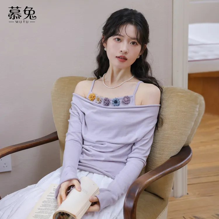 慕兔法式气质拼接假两件长袖t恤女2025秋新款温柔风立体花朵上衣