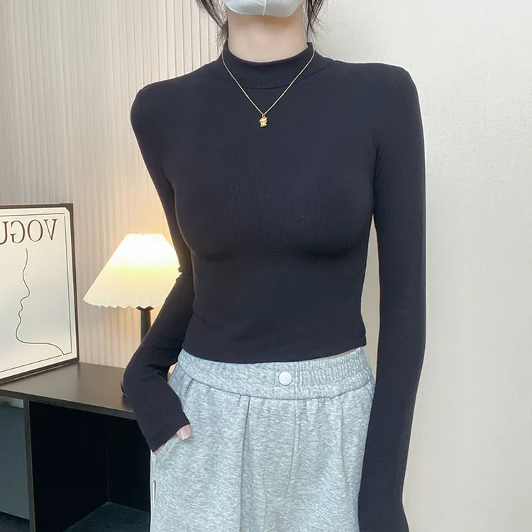 加绒黑色半高领打底衫女2025年新款秋冬短款修身内搭长袖t恤上衣