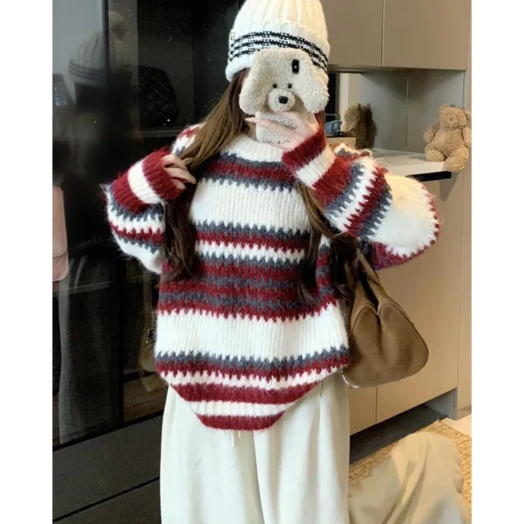 2025冬季新款圣诞红色费尔岛条纹加厚套头毛衣女慵懒高级感针织衫