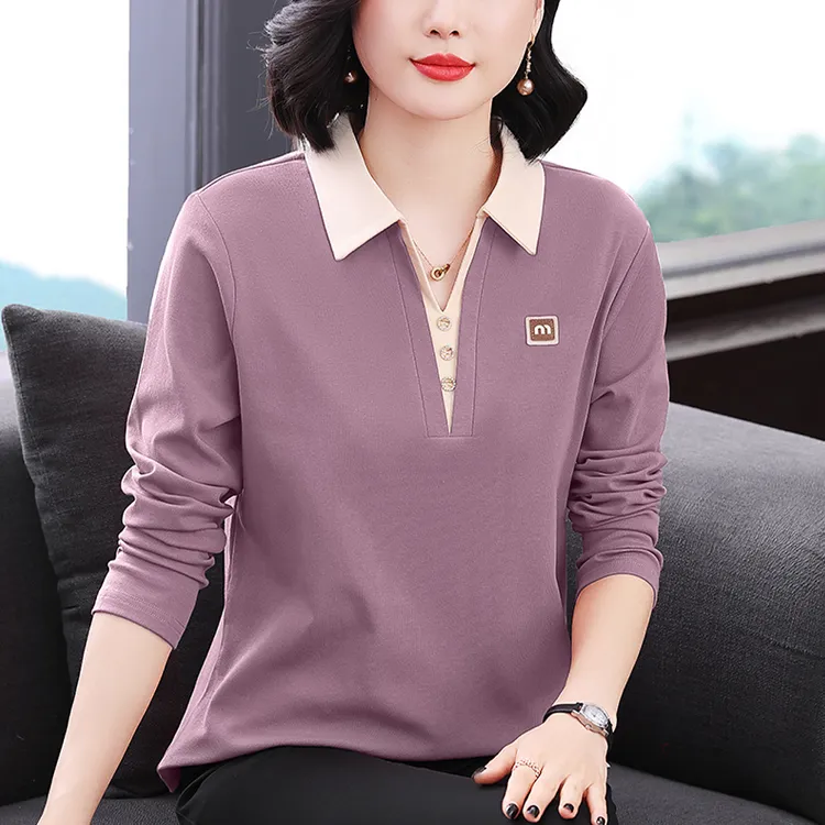中老年女装50多岁妈妈洋气上衣翻领纯棉长袖t恤女秋装宽松打底衫
