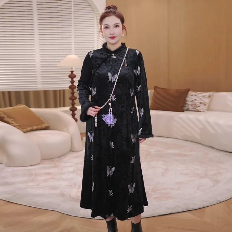 【加绒刺绣旗袍】MsShe大码女装冬新水貂毛立领保暖显瘦S~E2510032