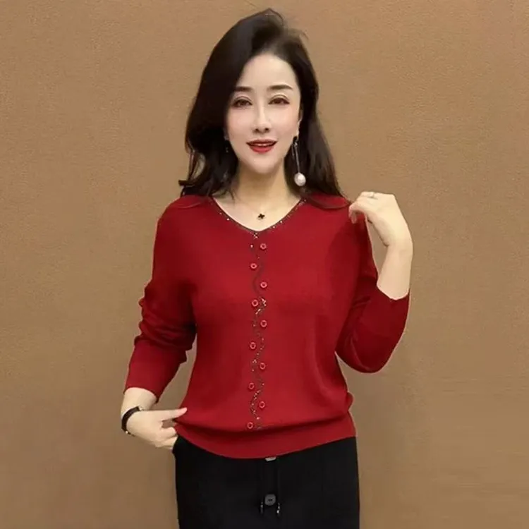 H春季新款妈妈针织衫时尚百搭纯色V领舒适宽松针织打底衫减龄毛衣