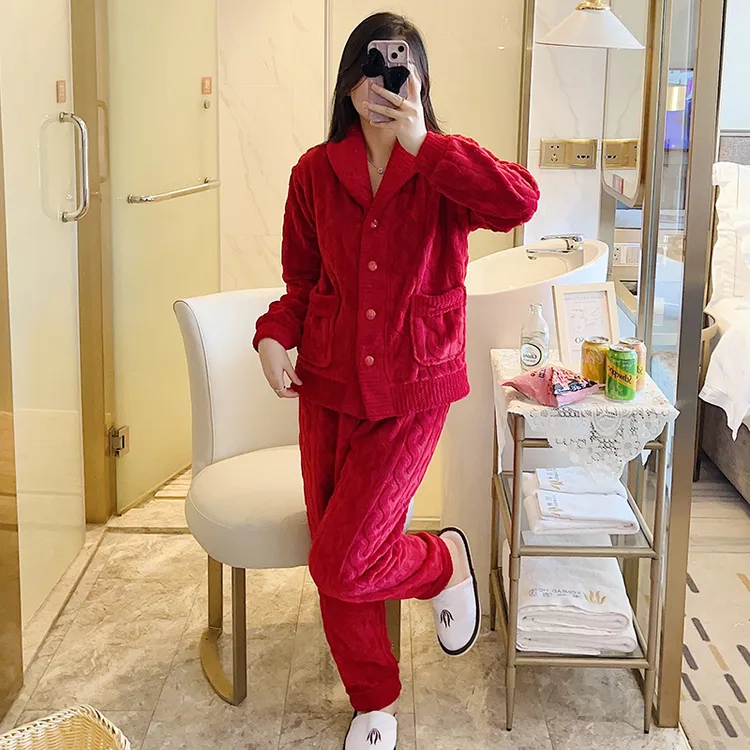 秋冬季珊瑚绒睡衣女加绒加厚红色喜庆冬天法兰绒可外穿家居服套装
