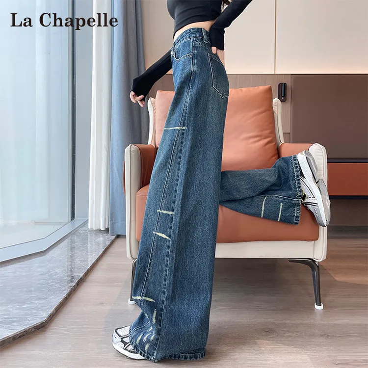 拉夏贝尔复古弯刀牛仔裤女秋冬新款加绒加厚破洞设计感高腰阔腿裤