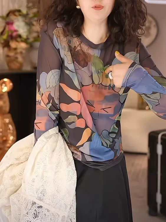 太阳花透气薄款法式印花网纱洋气百搭宽松长袖女T恤打底上衣1641