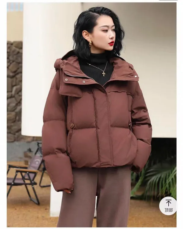 【美田专属】工装风立领短款休闲冬季欧版立领黑色女连帽保暖羽绒服