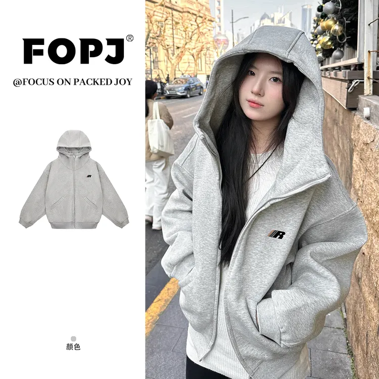 FOPJ时尚复古重磅高领连帽开衫卫衣女宽松百搭学院风长袖外套上衣