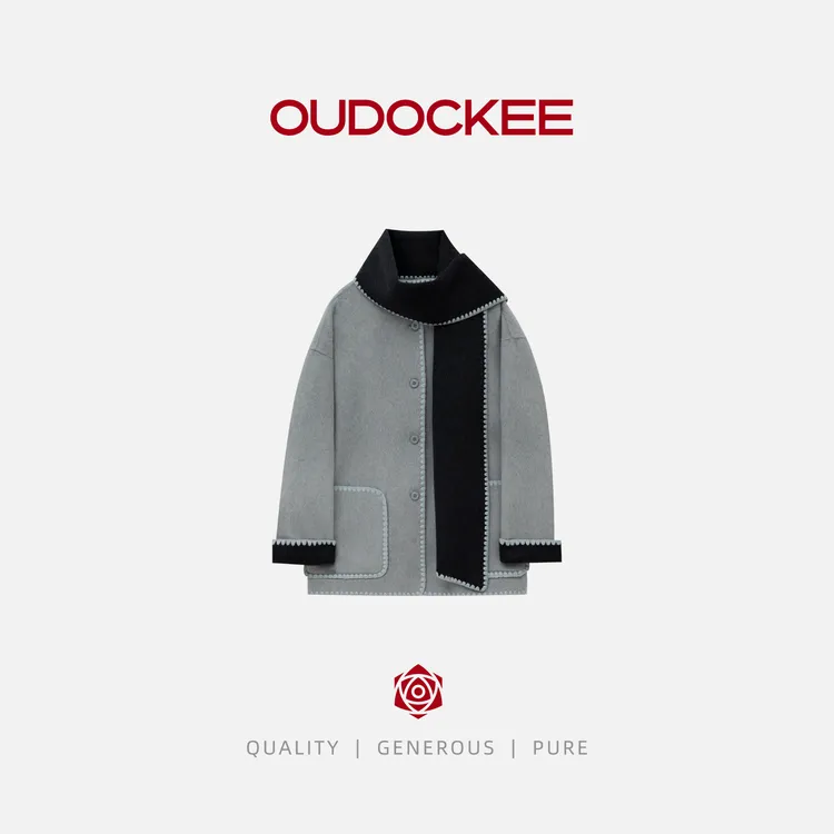 OUDOCKEE 鸥鸥【蓝莓】韩版设计感双面穿围巾棉羊毛呢子大衣 8529