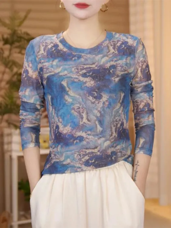 流金岁月时尚高级感气质透气长袖网纱印花休闲时尚圆领T恤女1738