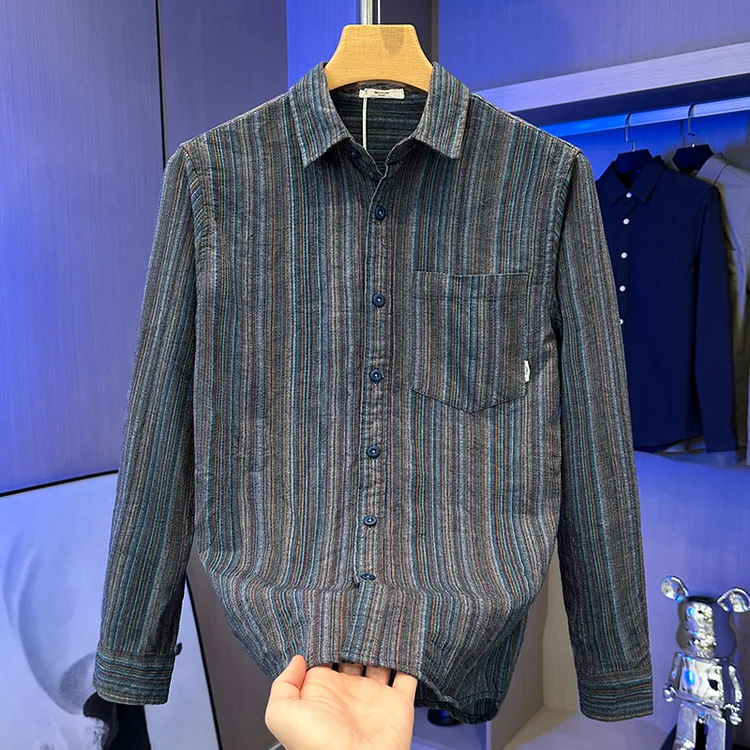 轻奢潮牌条纹衬衫高端男士长袖春秋透气时尚青年松弛感休闲风衬衣