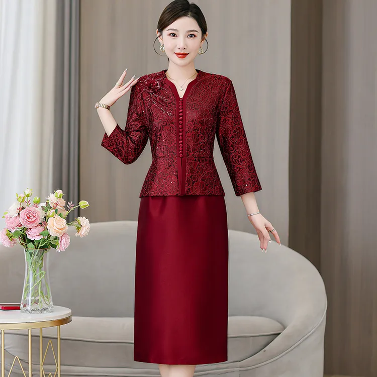 红色喜婆婆春秋装礼服连衣裙女中长款拼接假两件妈妈高贵气质裙子