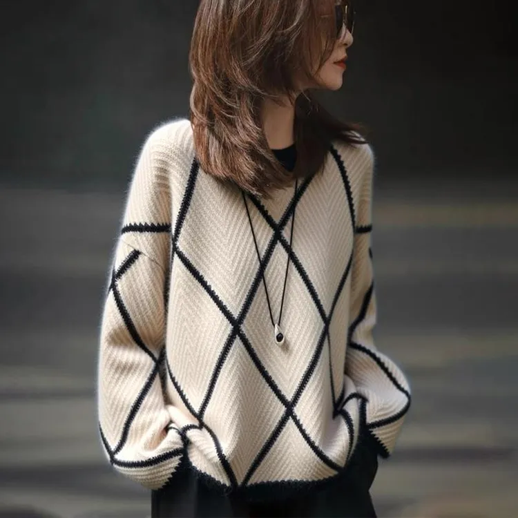 2025秋冬新款女士长袖拼色圆领针织衫菱形设计感时尚洋气百搭上衣