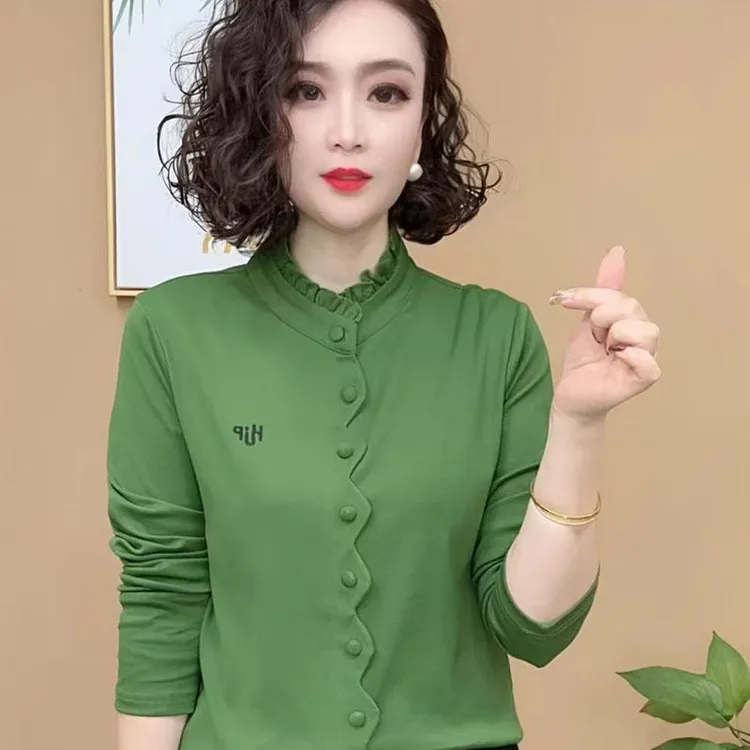 时尚妈妈装木耳边立领百搭春秋休闲纯色遮肉宽松女士打底衫长袖涤