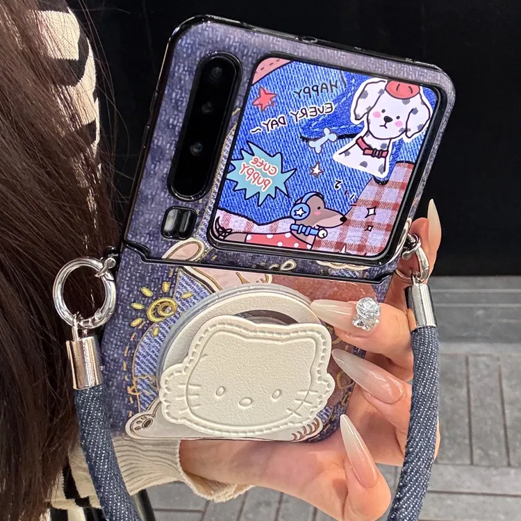 适用华为purax折叠屏手机壳牛仔皮纹pocket2猫咪kt猫磁吸支架手绳