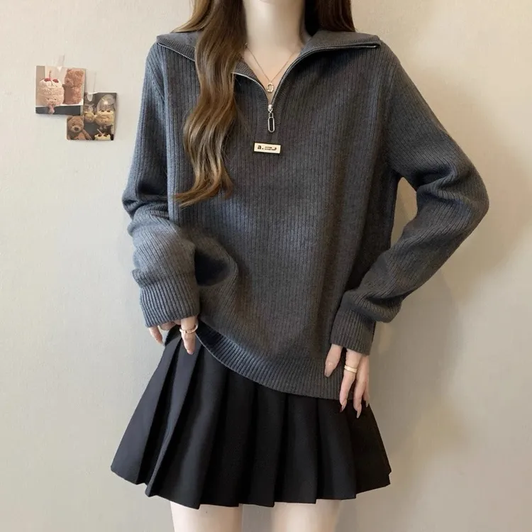 【80-180斤】拉链半开领坑条毛衣女秋冬宽松遮肚慵懒百搭打底衫上衣