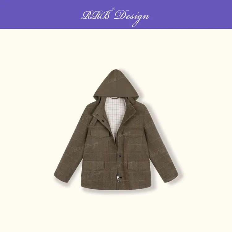 RRB Design 「漫步伦敦」山羊绒+羊毛格纹显瘦多口袋抽绳长袖外套