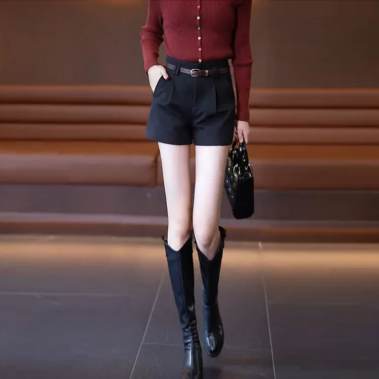 毛呢百搭洋气高腰短裤显瘦阔腿咖色短裤女款秋冬时尚宽松外穿靴裤
