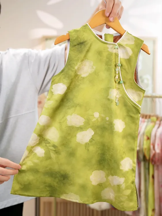 2593（绿色旗袍）夏季薄款女童连衣裙儿童新中式裙子显白旗袍背心裙