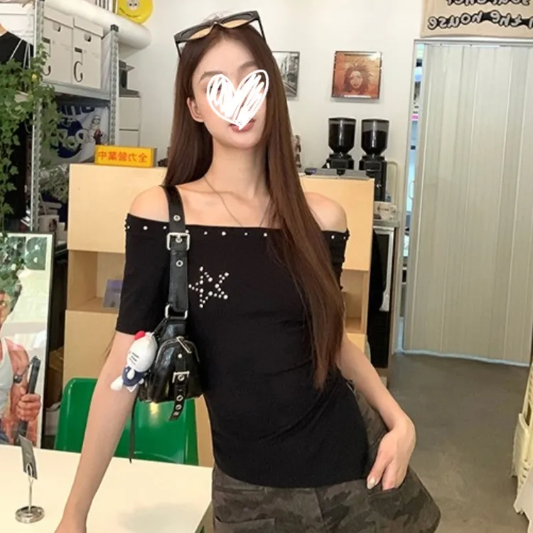 艺等2025年夏季新款韩版时尚百搭通勤T恤修身显瘦露肩百搭女上衣