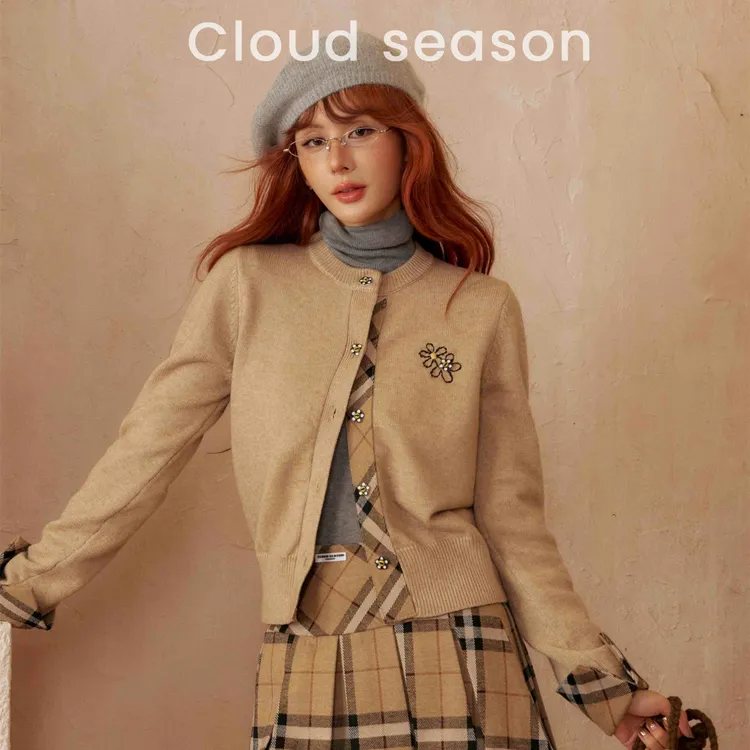 Cloud season可可花套装毛衣卡其色CQZ80567两件套针织小香风复古