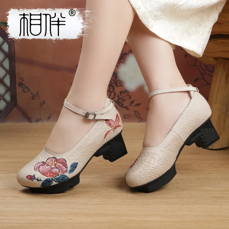 相伴【白牡丹】真皮复古手工单鞋宫廷高跟民族风中老年妈妈鞋53235
