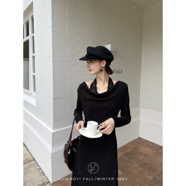 鹭青一原创【对影酌】法式蕾丝荡领上衣收腰连衣裙L25T7625BA