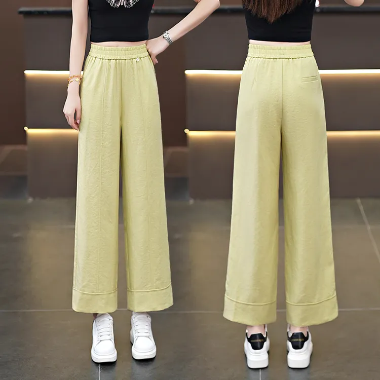 黄色冰丝亚麻九分阔腿裤2025夏季薄款松紧显瘦宽松中年妈妈直筒裤