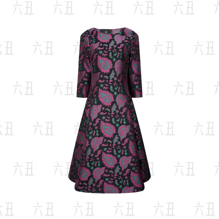 【六丑】新款时尚百搭立领腰果提花刺绣羽毛裙型连衣裙511LYQ1206