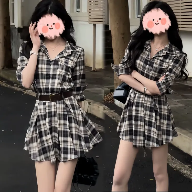 早秋慵懒洋气连衣裙女2025秋季复古港风小个子高腰显瘦气质格子裙