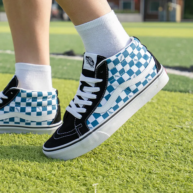 VANS范斯新款男女鞋SK8-Mid蓝白棋盘格休闲鞋中帮板鞋VN0A3MV万斯