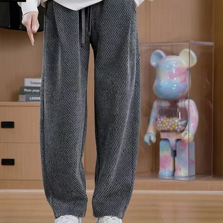 2025新款加绒时尚斜条纹银丝休闲裤男裤宽松直筒情侣款式休闲裤