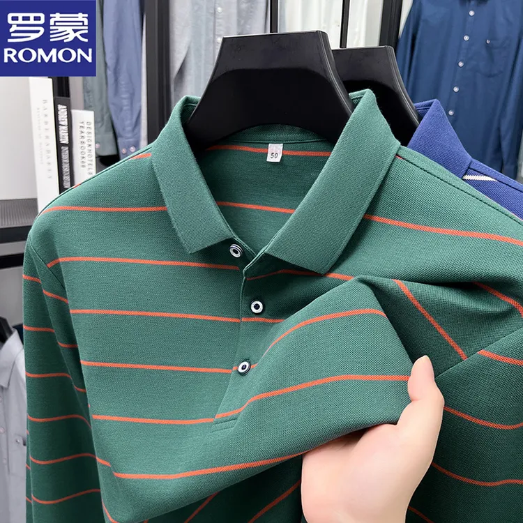 罗蒙条纹polo衫棉质长袖打底衫男士休闲时尚百搭复古透气翻领T恤
