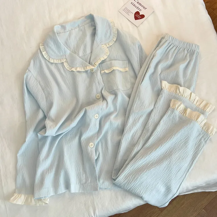 云朵棉睡衣女春秋季新款宽松长袖长裤花边开衫学生宿舍家居服套装