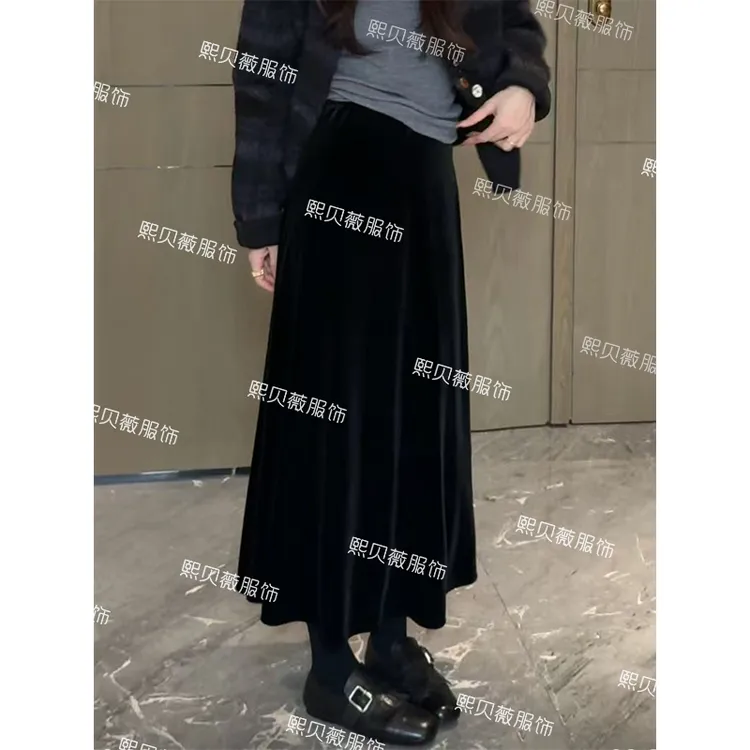 熙贝薇2 秋季新款法式赫本风丝绒高腰宽松百搭A字半身裙 G5265