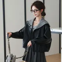 【你的闪嫂】早秋新款设计感海军领皮衣夹克女休闲显瘦时尚短款外套
