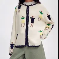 25秋冬新款法式复古手钩花边小人图案圆领针织开衫毛衣女4331