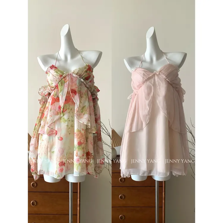 JENNY YANG//日落裙//挂脖印花连衣裙法式浪漫V领露背仙女度假裙