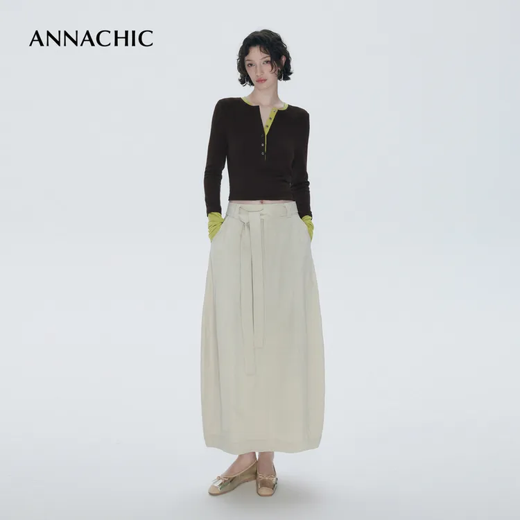 ANNACHIC松弛时刻_弧形立裁花苞半身裙/系带宽松休闲工装长款半裙