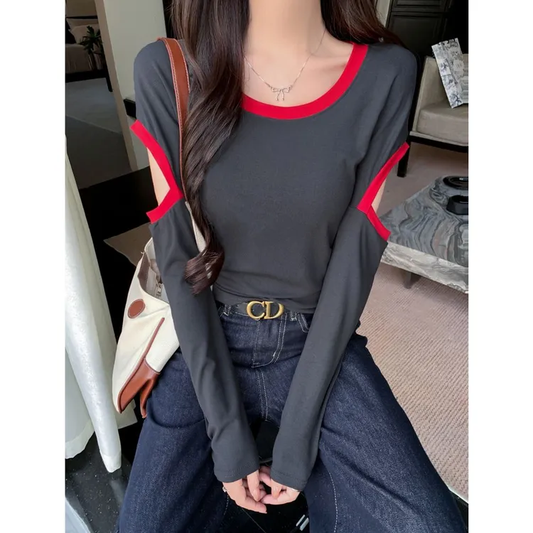 潮流时尚百搭撞色拼接露肩U领长袖t恤女春秋季薄款洋气打底衫上衣