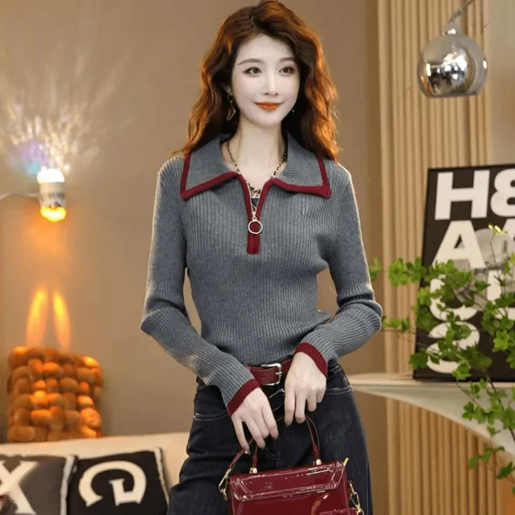 哥弟阿玛施正品针织衫女款爆款2025年新款春秋季修身翻领拉链毛衣