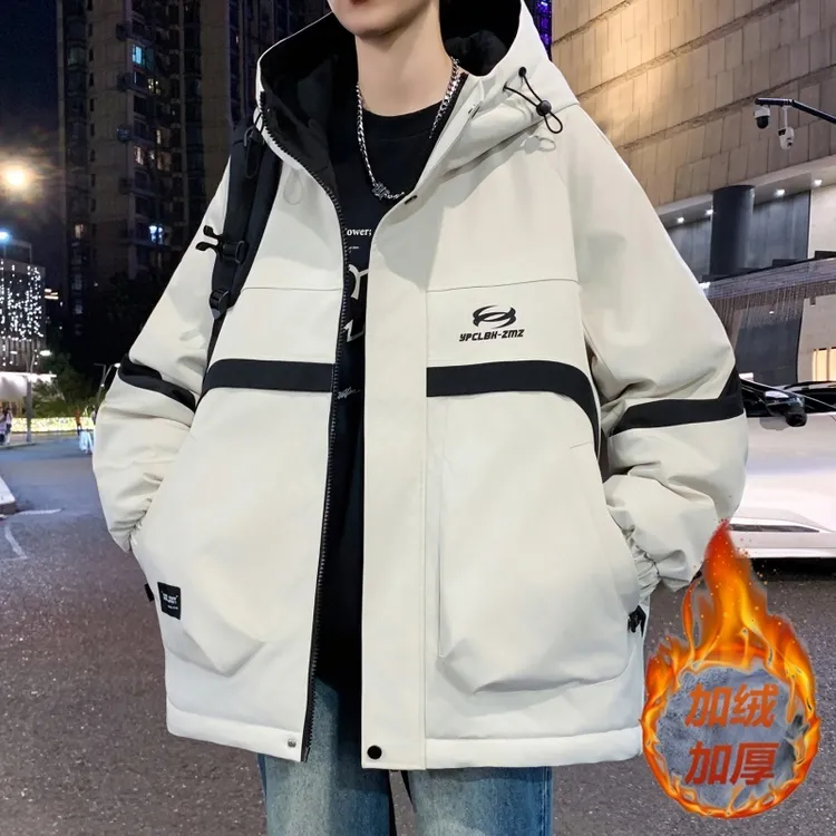 秋冬季新款连帽防风夹克加绒加厚时尚潮流宽松男学生潮流帅气外套