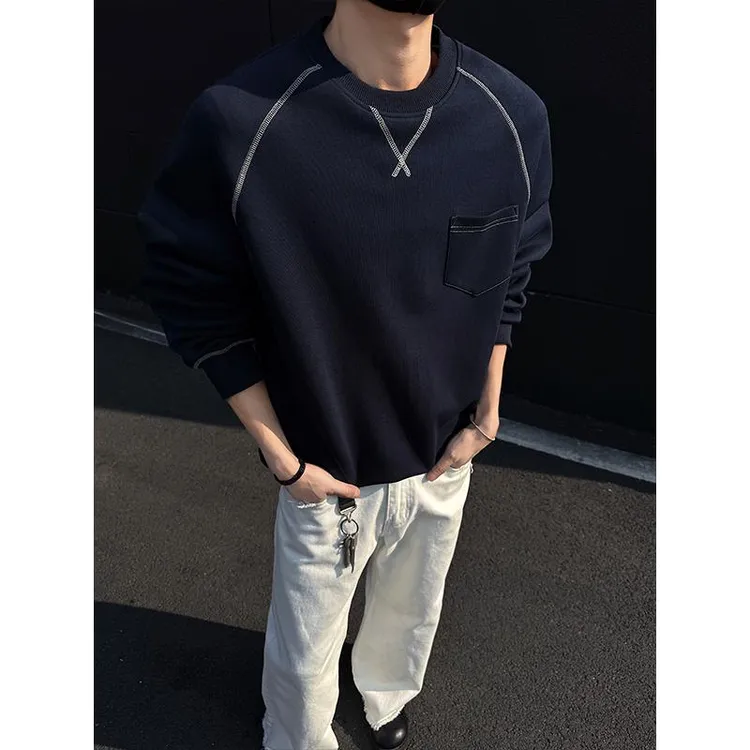 韩系纯色卫衣男女款秋季潮流风撞色线条设计宽松大码百搭休闲上衣