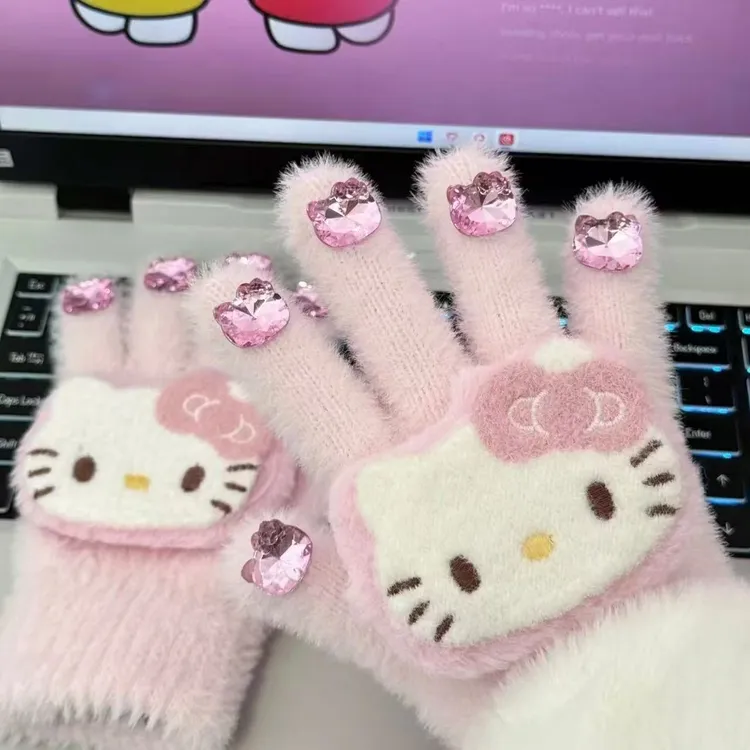 可爱毛绒绒带钻kitty女童冬季美甲手套ins防冻多巴胺全包分指手套