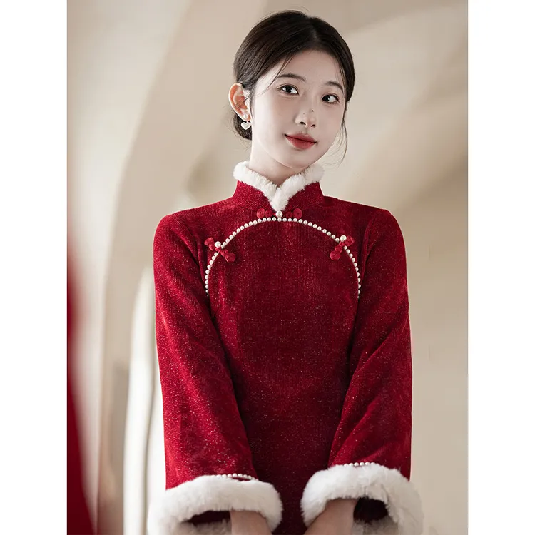 红色旗袍敬酒服冬季加绒加厚改良倒大袖新娘结婚订婚礼服新年战袍