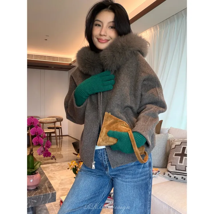 RRB Design 可拆卸狐狸毛极简轻奢羊驼毛混纺连帽拉链外套开衫